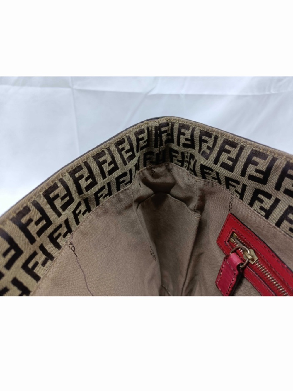 Fendi Brown FF Logo Canvas Tote with Red Leather Trim - Picture 9 of 10